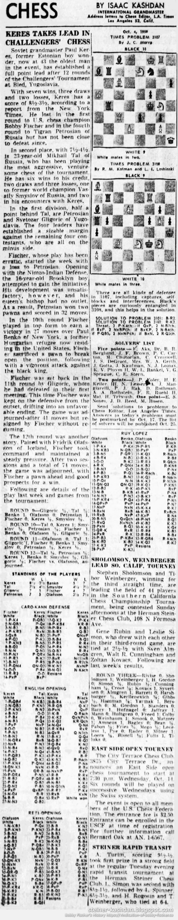 October 04, 1959 L.A. Times Chess by Isaac Kashdan