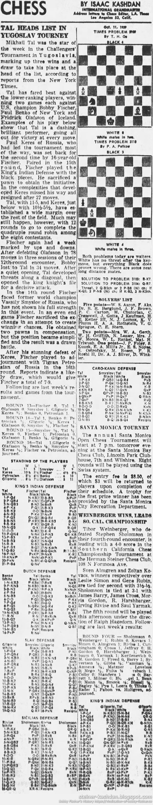 October 11, 1959 L.A. Times Chess by Isaac Kashdan
