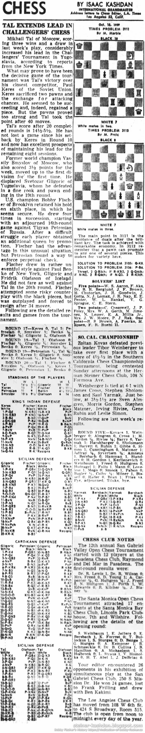 October 18, 1959 L.A. Times Chess by Isaac Kashdan October 18, 1959 L.A. Times Chess by Isaac Kashdan