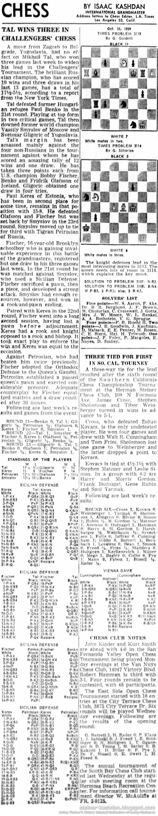 October 25, 1959 L.A. Times Chess by Isaac Kashdan October 25, 1959 L.A. Times Chess by Isaac Kashdan