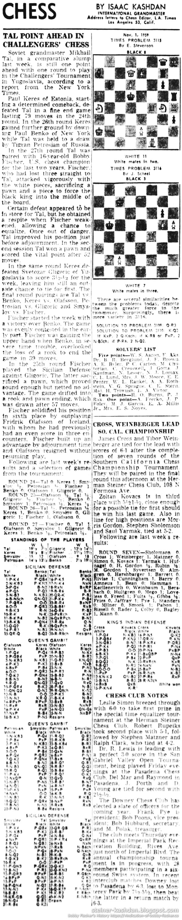 November 01, 1959 L.A. Times Chess by Isaac Kashdan November 01, 1959 L.A. Times Chess by Isaac Kashdan