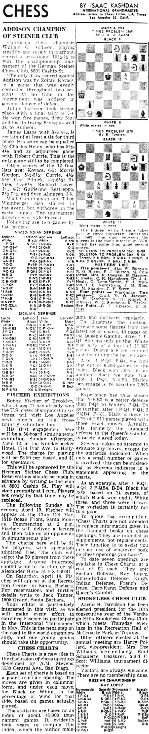 March 08, 1964 L.A. Times Chess by Isaac Kashdan March 08, 1964 L.A. Times Chess by Isaac Kashdan