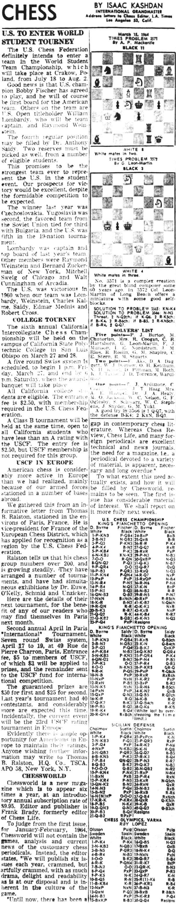 Bobby Fischer, Chess News Articles: 1964 March 15, 1964 L.A. Times Chess by Isaac Kashdan