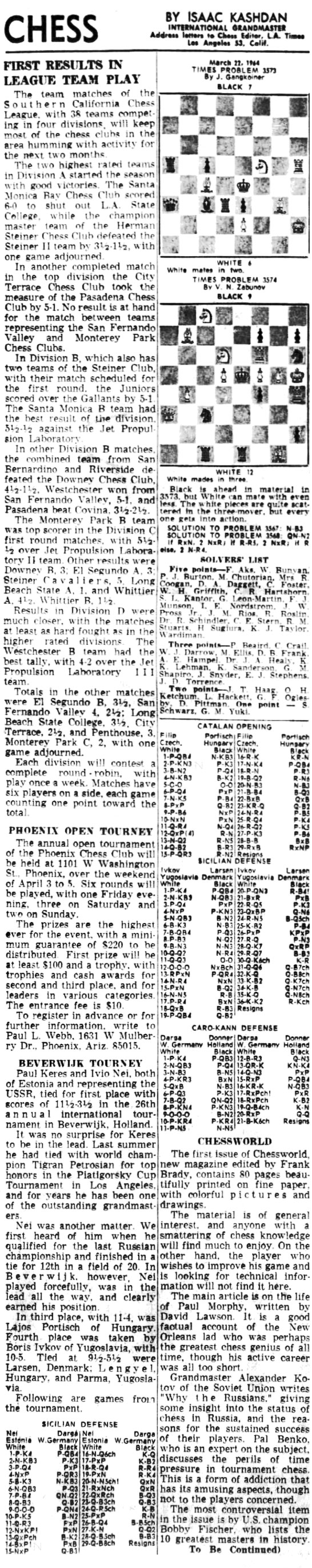 Bobby Fischer, Chess News Articles: 1964 March 22, 1964 L.A. Times Chess by Isaac Kashdan