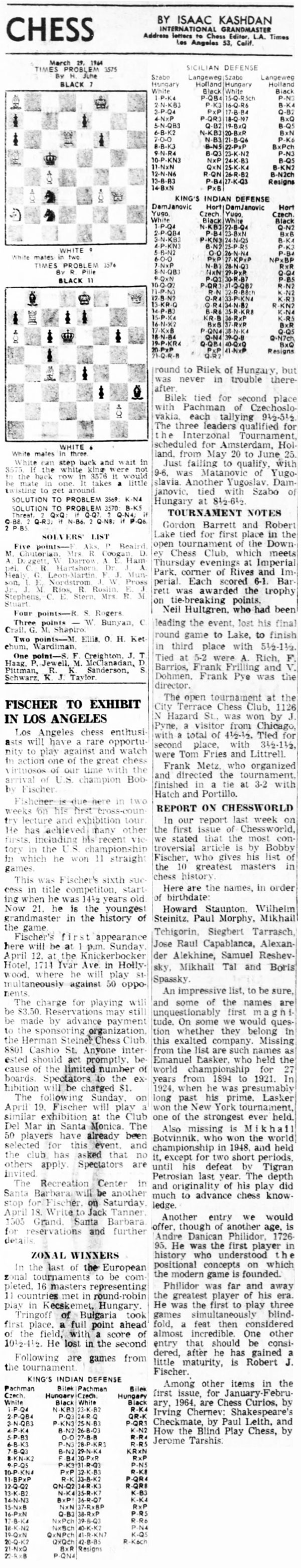 Bobby Fischer, Chess News Articles: 1964 March 29, 1964 L.A. Times Chess by Isaac Kashdan