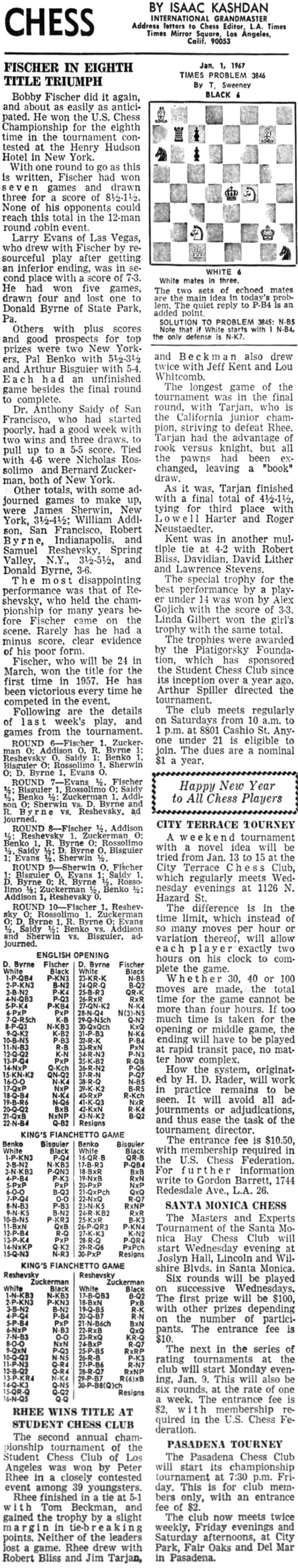 Bobby Fischer, Chess News Articles: 1967 January 01, 1967 L.A. Times Chess by Isaac Kashdan