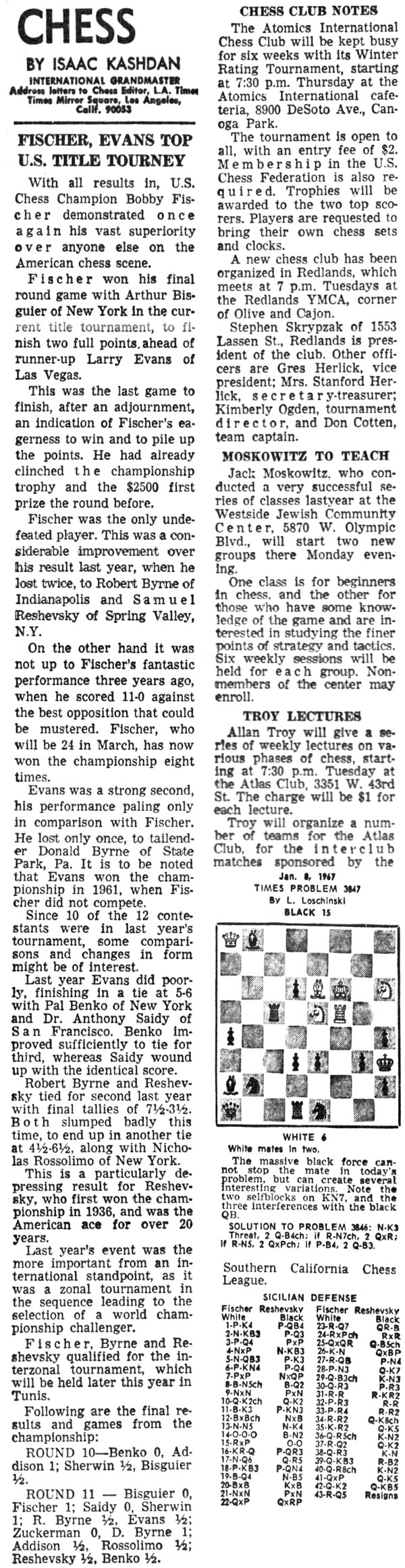 January 08, 1967 L.A. Times Chess by Isaac Kashdan January 08, 1967 L.A. Times Chess by Isaac Kashdan
