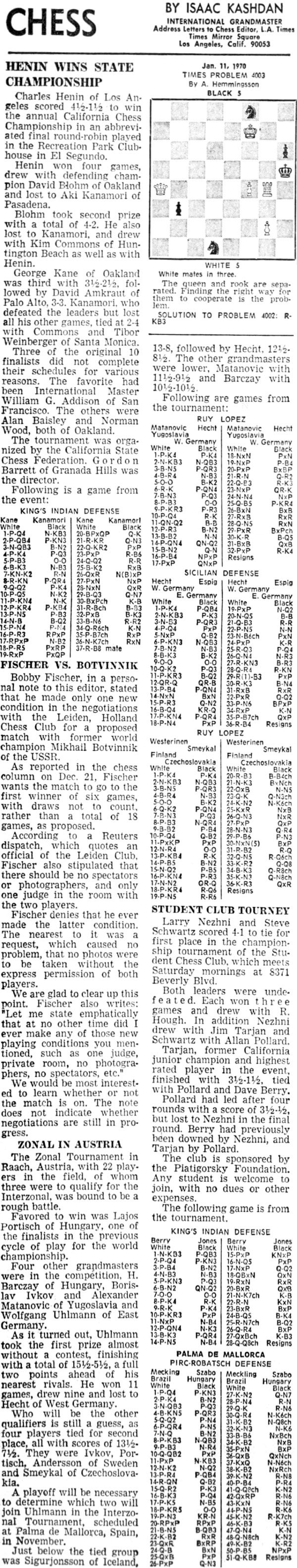 Bobby Fischer, Chess News Articles: 1970 January 11, 1970 L.A. Times Chess by Isaac Kashdan