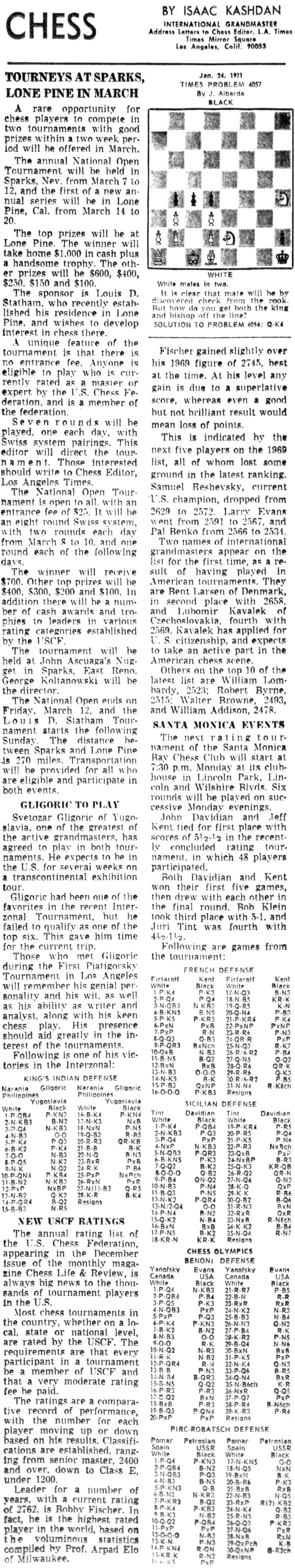 January 24, 1971 L.A. Times Chess by Isaac Kashdan January 24, 1971 L.A. Times Chess by Isaac Kashdan