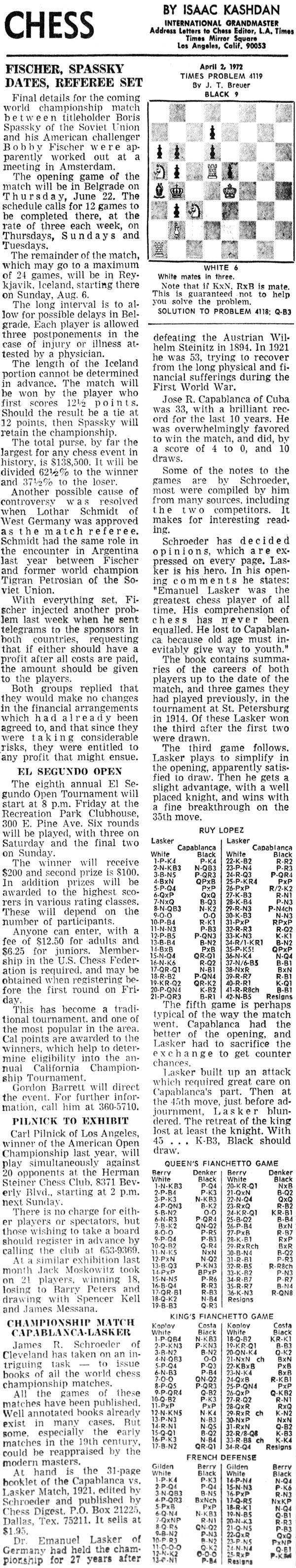 April 02, 1972 L.A. Times Chess by Isaac Kashdan April 02, 1972 L.A. Times Chess by Isaac Kashdan