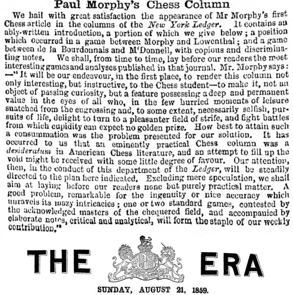 Chess Edited by Herr Loewenthal — Paul Morphy's Chess Column