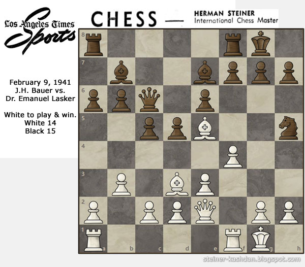 J.H. Bauer (Bl. 15 Men) vs. Dr. Emanuel Lasker Wh. 14 Men J.H. Bauer (Bl. 15 Men) vs. Dr. Emanuel Lasker Wh. 14 Men