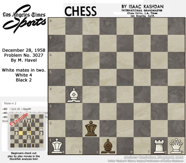 L.A. Times Problem No. 3027 by M. Havel, Chess by Isaac Kashdan L.A. Times Problem No. 3027 by M. Havel, Chess by Isaac Kashdan
