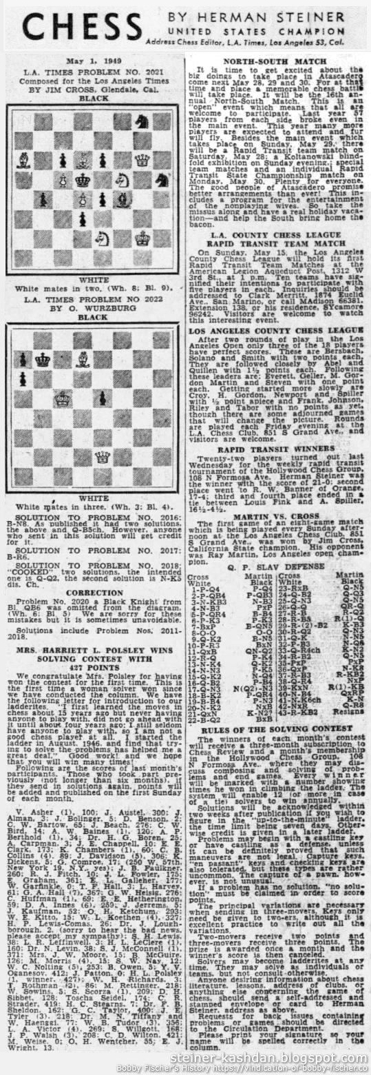 L.A. Times, Chess by Herman Steiner, May 01, 1949 L.A. Times, Chess by Herman Steiner, May 01, 1949